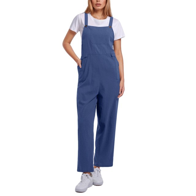 Combinaison Décontractée Confortable pour Femme, Couleur Unie, avec Poches, Printemps Été, Combinaison Boutonnée Décontractée, Combinaison pour Femme, Bleu, M