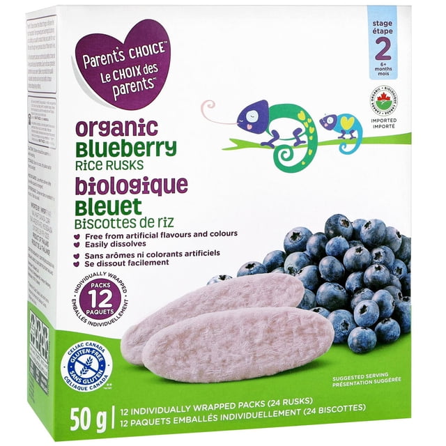 Parent’s Choice Organic Blueberry Rice Rusks box containing 12 individually wrapped packs with 24 gluten-free, dissolvable blueberry-flavored rice rusks for stage 2 infants 6 months and older, designed as easy-to-hold organic baby snacks.