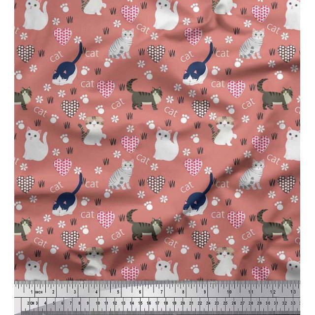Soimoi Modal Satin Fabric Heart,Footprint & Cat Animal Print Sewing Fabric Yard 42 Inch Wide