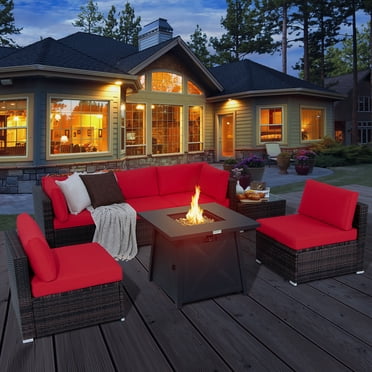 Gymax 7PCS Rattan Patio Sectional Furniture Set w/ 30'' Fire Pit Table & Red Cushion