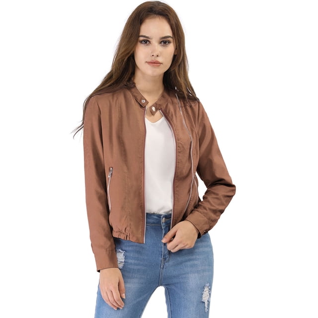 INSPIRE CHIC Veste de Moto de Motard Légère à Col Montant à Fermeture Éclair pour Femme Brun TP