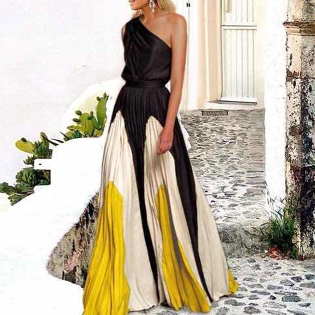 Jusqu'à 65 % de Rabais! Robes d'Été Mode pour Femmes 2024 Grande Taille Col Contraste de Couleurs Jupe Longue avec Patchwork Robe Imprimée à Épaules Dénudées