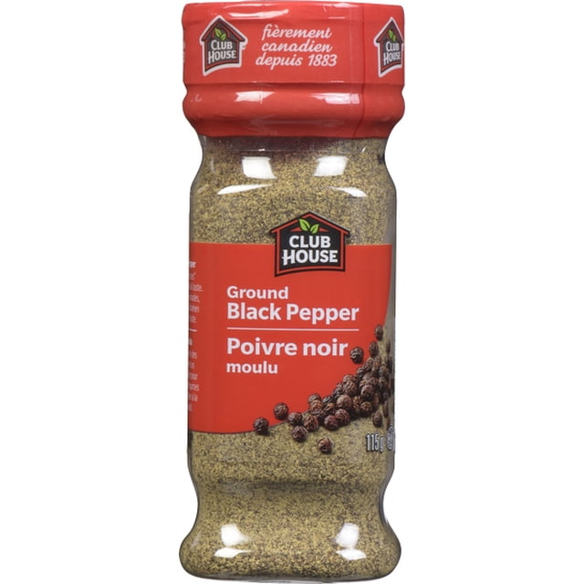 Club House Ground Black Pepper 115 g in a clear plastic bottle with a red cap and label, showing finely ground black pepper and whole peppercorns on the label, featuring bilingual English and French text and highlighting its use as a staple seasoning in Canadian kitchens since 1883.