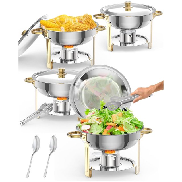 Plats Ronds Anti-Frottement pour Buffet 2, 4, Lot de 6, Serveurs et Réchauds de Buffet en Acier Inoxydable 5 Qt, Réchaud de Service avec Couvercle, Cuillère et Pinces Ensemble Complet pour Traiteur, Fêtes