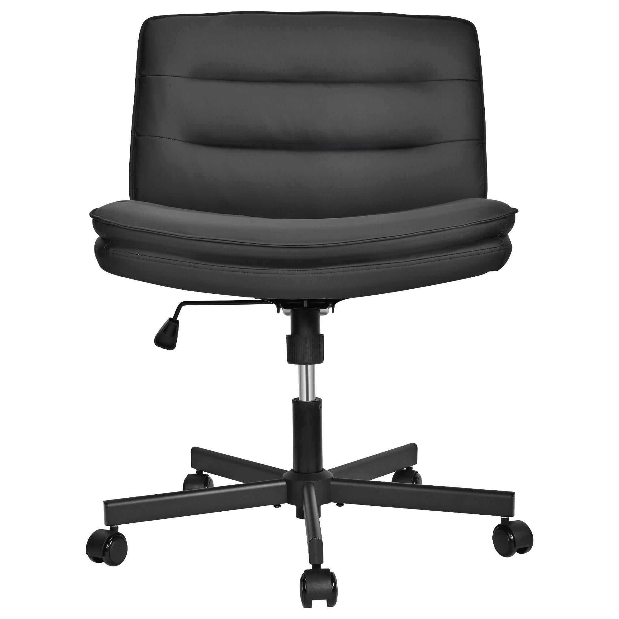 Wide Comfy PU Leather Desk Chair, Criss Cross Legged Office Chair with Wheels and Padded Seat, Armless Adjustable Swivel Computer Task Chair for Study, Vanity, Makeup