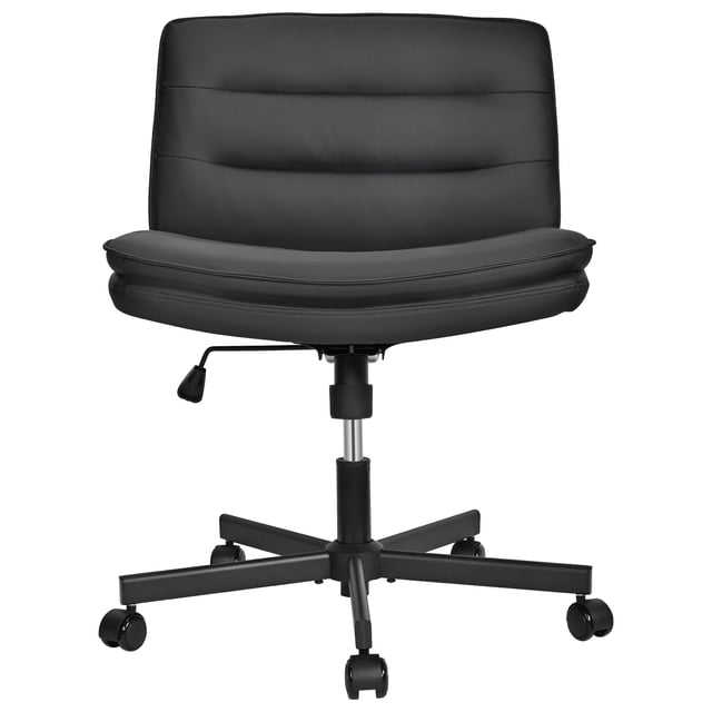 Wide Comfy PU Leather Desk Chair with a mid-back design, armless and adjustable swivel base, featuring padded seat and black PU leather upholstery. Equipped with 5 heavy-duty 360° swivel plastic casters and a high-grade gas lift for height adjustment. Ideal for office furniture setups, study, vanity, or makeup tasks.