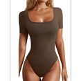 thumbnail image 2 of Women's 2 Piece Bodysuits Ribbed Square Neck Short Sleeve Bodysuits Coffee Color S, 2 of 8