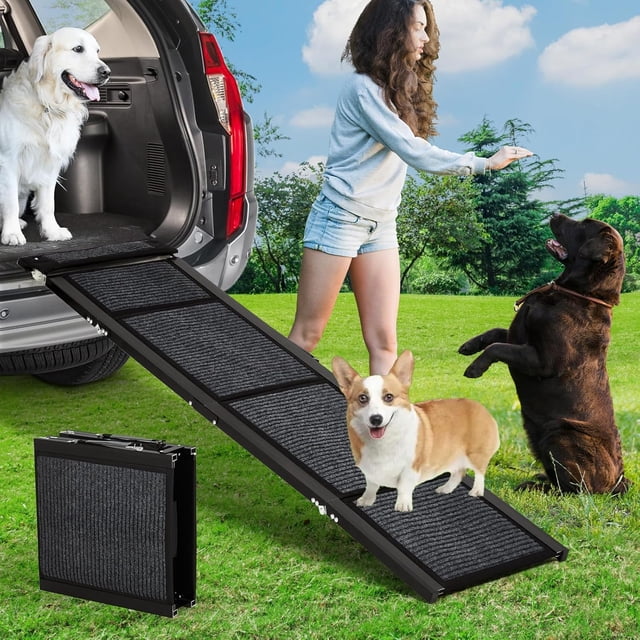 BeesClover Foldable Dog Ramp for Cars & Trucks | Quad-Fold Non-Slip Pet Ramp | Portable SUV Ramp for Large Dogs & Seniors | Safe Easy Access Heavy-Duty Travel Solution