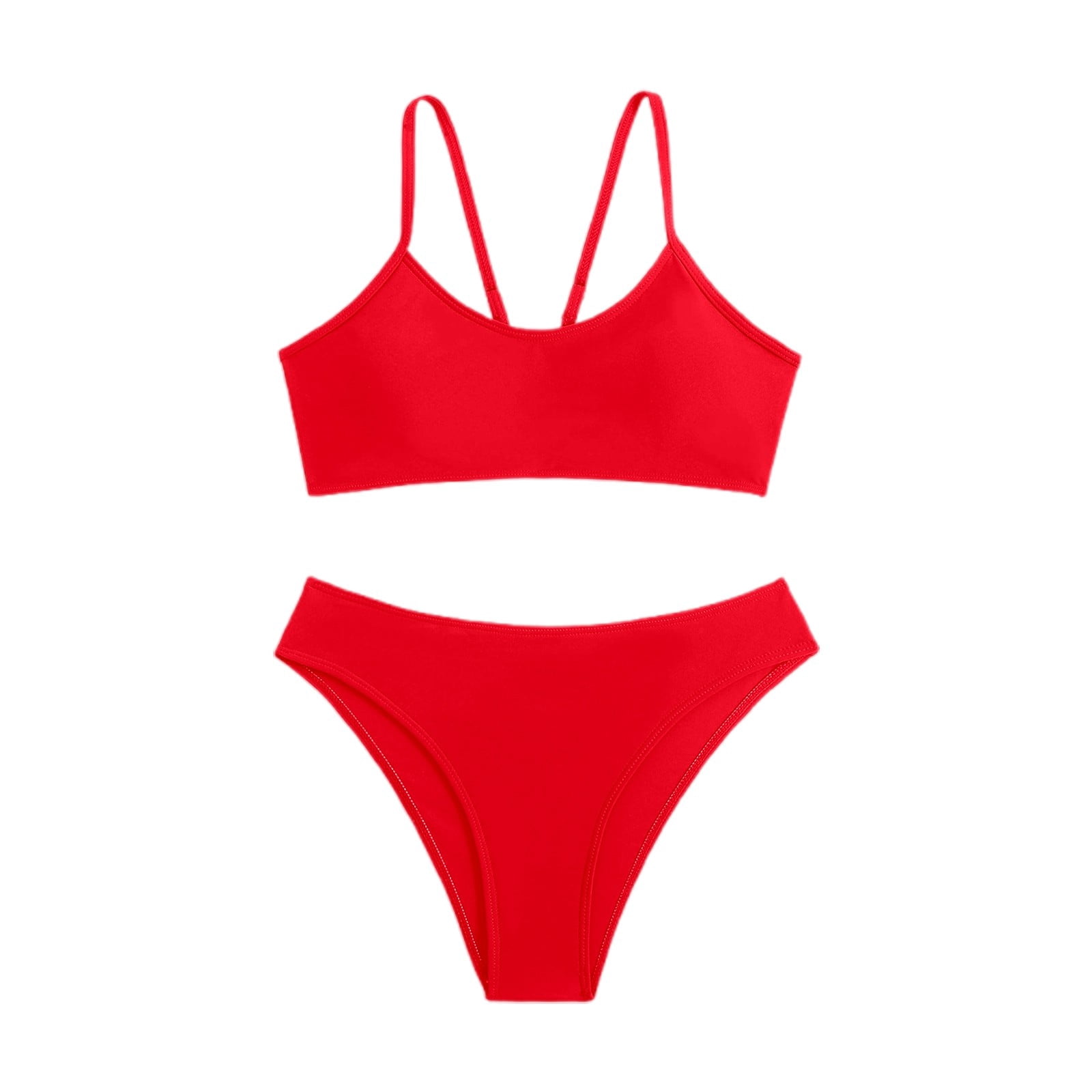 Womens 2 Piece Swimsuits Summer Beach Solid Color Backless Bikini Split Set Red Women's Swimwear S