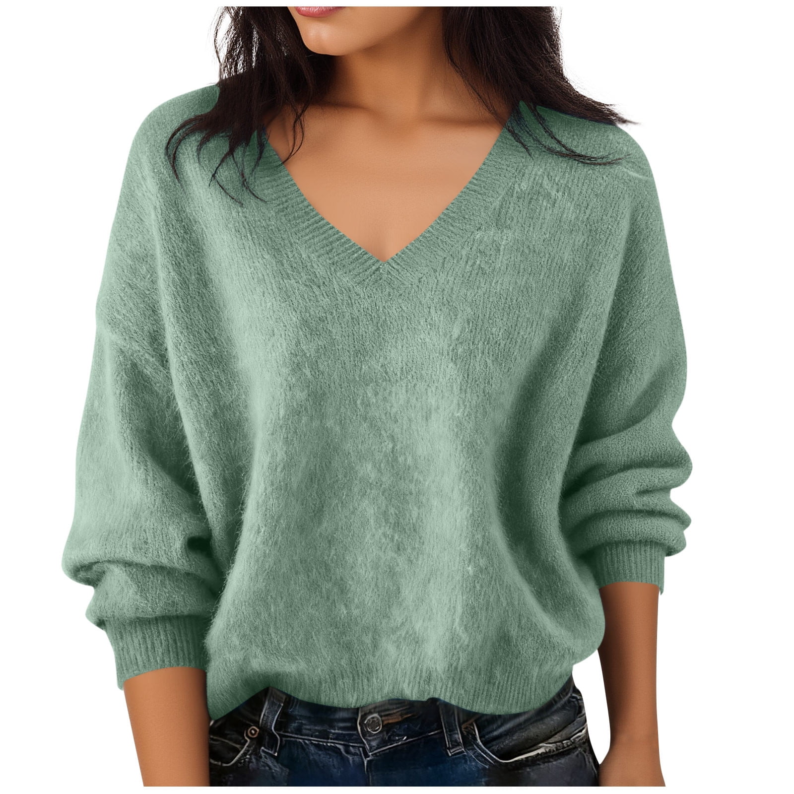 BLVB Chandails Chauds pour Femmes Col en V Classique Doux Chandail Confortable Ample Décontracté Manches Longues Automne Hiver