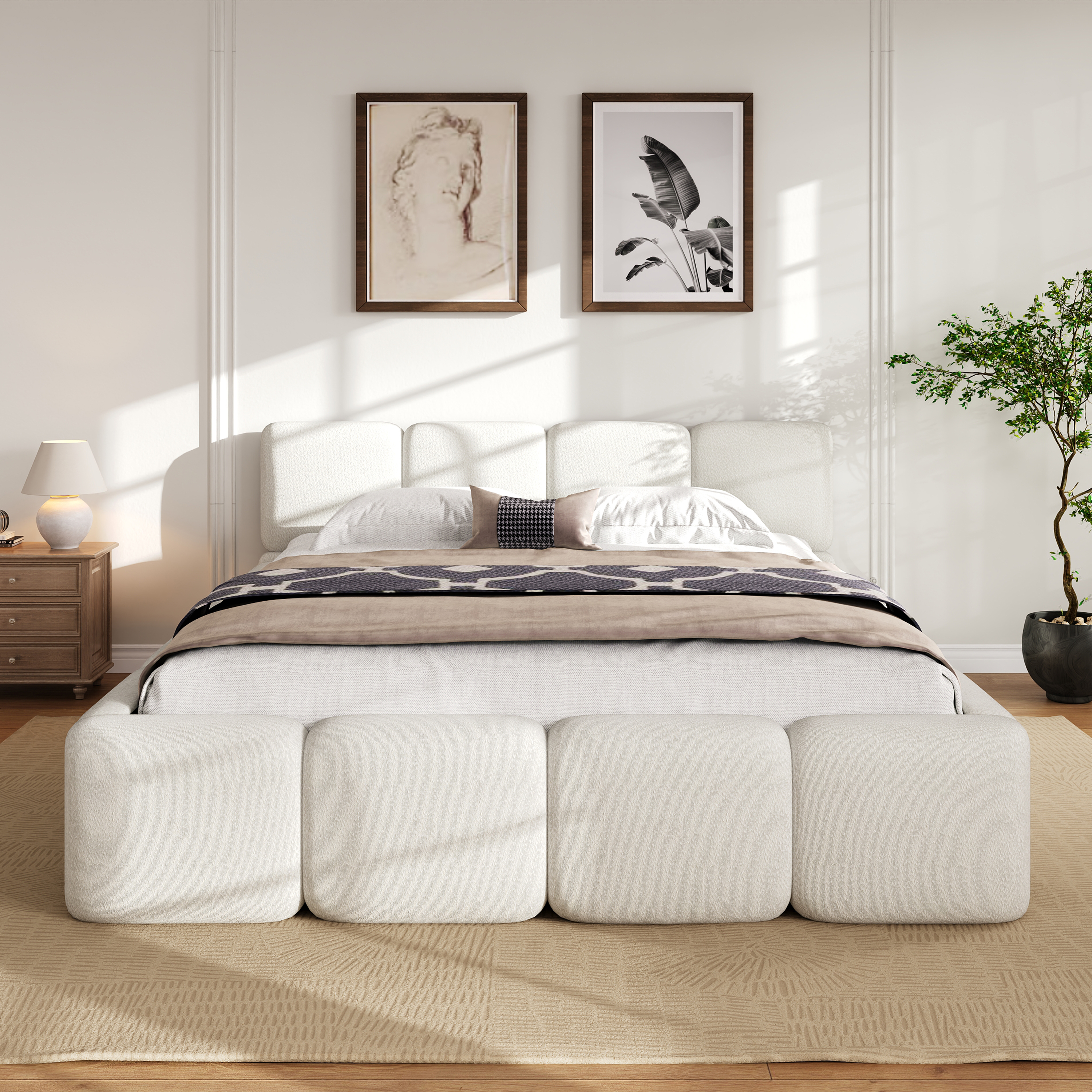 Lit plateforme Noble House King en boucle, tête et pied de lit épais, blanc