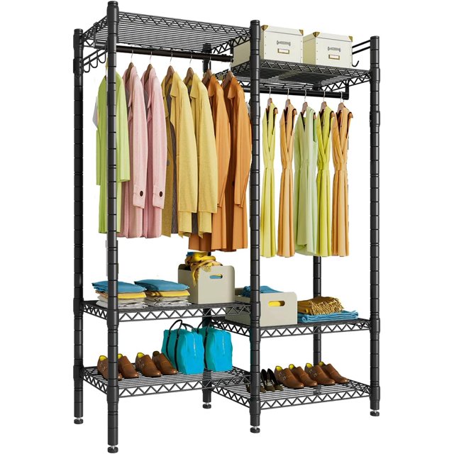 Oscrobie Wire Garment Rack, Heavy Duty Clothes Rack with 2 Hanging Rods, Metal Clothing Rack with Storage Shelves, 6 Adjustable Shelves, 2 Side Hooks, 120 * 40 * 194 cm