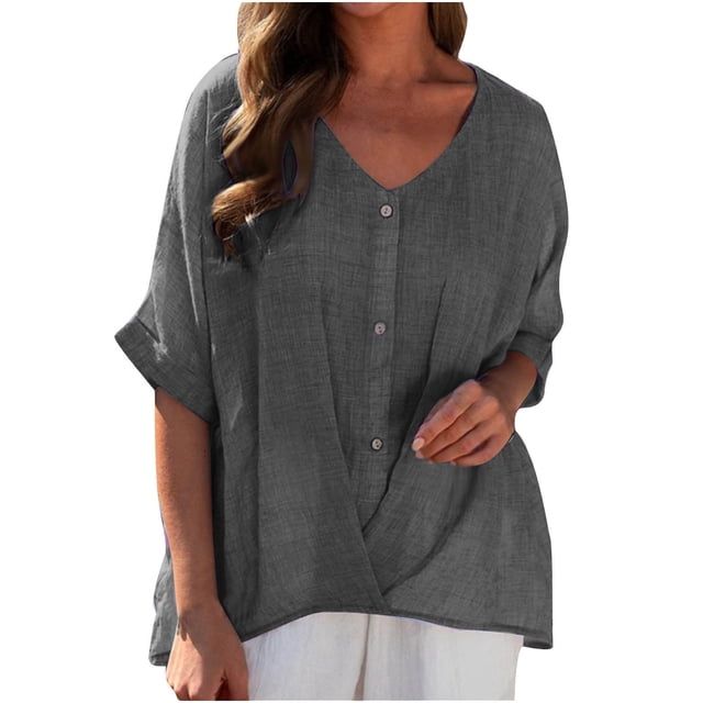 asjyhkr Womens Linen T Shirts Loose Fitting V Neck Button Lightweight Summer Tops Solid Color Tees