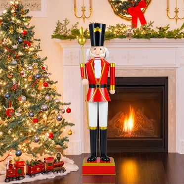 Costway 4' Christmas Nutcracker with High Hat & Beautiful Scepter, Uniform & Boots for Yard Black+Red