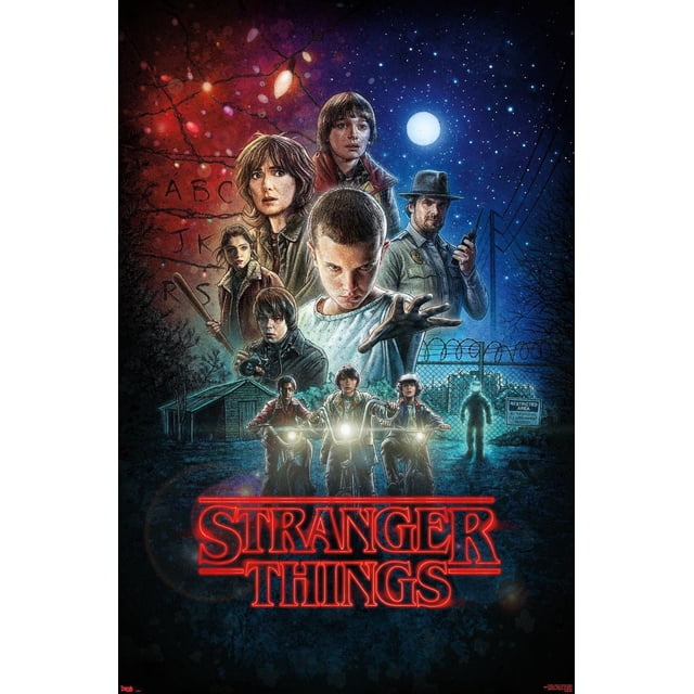 Netflix Stranger Things - One Sheet Wall Poster, 22.375" x 34" depicting key characters from the series under a starry night with a full moon, including kids on bicycles with headlights, a police officer holding a radio, and a barbed wire fence marked 'Restricted Area,' with the red neon Stranger Things logo at the bottom, ideal for wall art and fan décor.