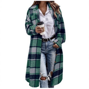HAiming Womens Plaid Long Shirt Jacket Fleece Casual Lapel Collar Button down Coats Fall Winter Fashion Outerwear