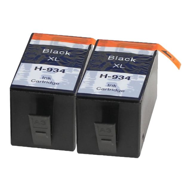 L-ink 2 Pack Compatible Black Ink Cartridge 934XL (C2P23AN) showing two black rectangular cartridges labeled Black XL H-934 Ink Cartridge with orange pull tabs, compatible with LaserJet Pro and OfficeJet Pro printers, designed for high-yield, sharp, smudge-free printing in printer toner supplies.