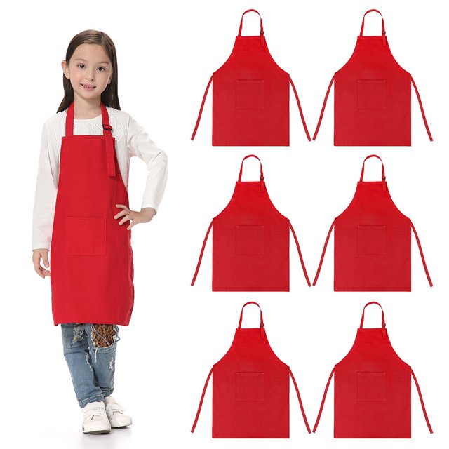 TOPTIE 6 Pack Kids Aprons with Pocket & Adjustable Strap, Child Chef Bib Apron for Kitchen Cooking Baking Painting-Red-M