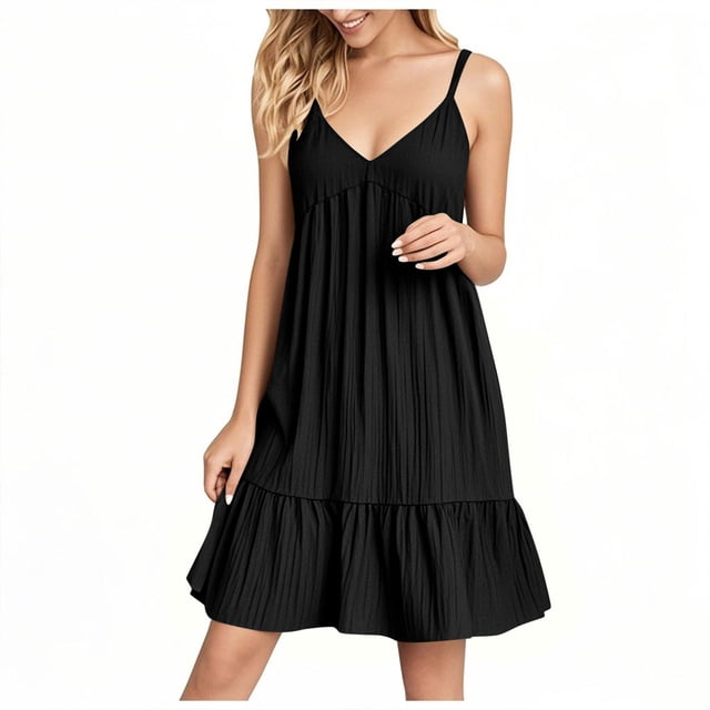 Kyusrd Robes d'Été à Bretelles pour Femmes 2025 Sans Manches à Col en V Mini Robe Chemise Décontractée Taille Haute Plissée Bohème à Volants Ligne A Robes d'Été