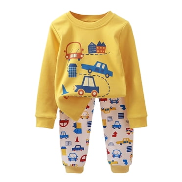 AJIWYH Toddler Boy Pajamas,Children's Homewear Car Cartoon Printed Long Sleeve Boys Pajamas Autumn And Winter Warm Pajamas for Boy Baby Boy's Clothing Yellow,3-4 Years