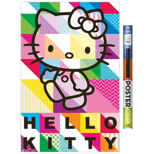 Hello Kitty - Affiche Murale à Motifs, 22,375 Po x 34 Po Présentant un Grand Contour Noir d'Hello Kitty sur un Fond Géométrique Coloré avec des triangles et des Carrés Multicolores en Vert, Rose, Bleu, Jaune et Violet. le Dessous Affiche « Hello Kitty » en Lettres Noires Audacieuses sur des Blocs Vibrants. Imprimée sur Papier d'Affiche Lustré, Convient pour Décorer des Chambres, des Chambres d'Enfants Ou des Dortoirs, et Idéale pour Accrocher avec des Pinces à Affiche Ou des Épingles Poussoirs.