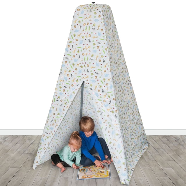 Jolly Jumper Teepee Tent with white fabric printed with colorful animal and nature motifs, set up indoors on a light wood floor. Two children sit inside reading a book, demonstrating the spacious, collapsible design with a kid-friendly Velcro door for safe, independent play.