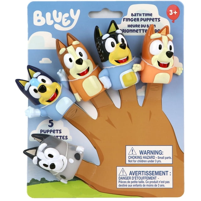 Bluey Jumbo Finger Puppets set includes five colorful, soft PVC character puppets designed to fit over fingers, displayed on a hand-shaped cardboard backing with a blue sky and clouds. These waterproof puppets are perfect for bath time, pretend play, and educational activities like teaching colors and counting, suitable for children aged 3 and up.