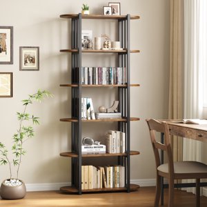 Industrial Bibliothèque Retro Tall, cadre de pipe en métal noir & Étagères en bois dérangées, 6-Tier Étagère de livre étroite, étanche, résistant aux rayures pour le salon, chambre à coucher