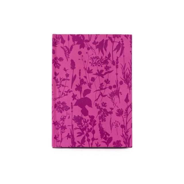 Hilroy® Spot Flrl Fuchia Journal 6X8 with a hard cover featuring a fuchsia floral pattern and soft touch lamination, case bound with 208 ruled pages on 80 gsm paper, perforated for easy tear out, measuring 8 by 6 inches, suitable for daily journaling or note-taking.