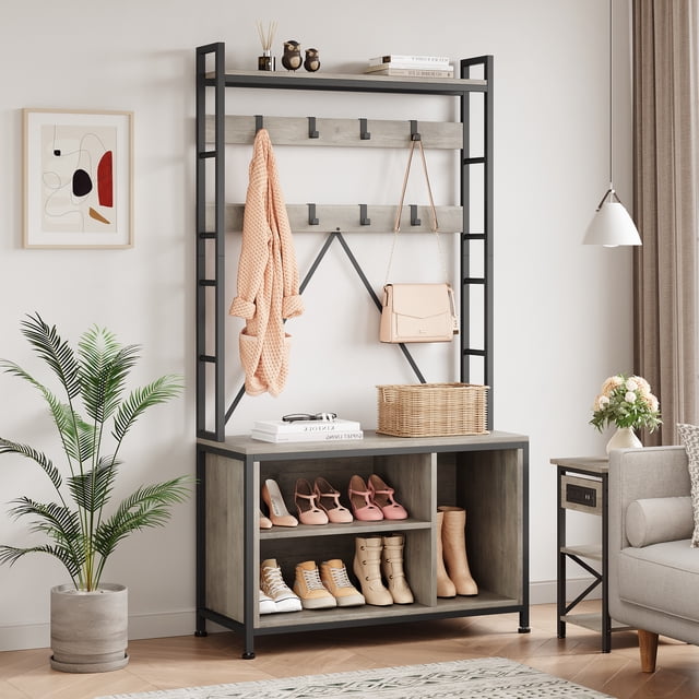 Hall Tree with Bench and Shoe Storage, 5 in 1 Coat Rack with Shoe Bench, Entryway Furniture with 8 Hooks, Farmfouse Style