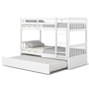Costway Lit Superposé Simple sur Simple avec Tiroir-Lit Simple Cadre en Bois Massif Blanc