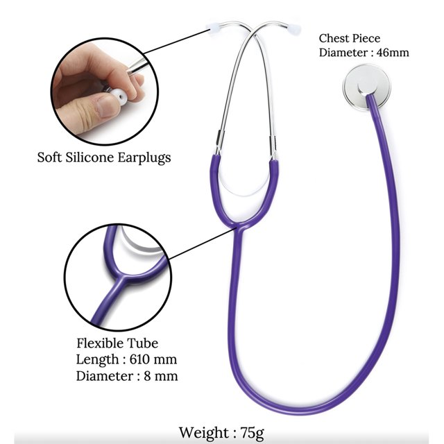 Stethoscope Professional Cardiology Stethoscope Doctor Equipment featuring a lightweight aluminum alloy chest piece with a 46mm diameter and an ultra-thin fiber diaphragm for amplifying heart and lung sounds. The stethoscope includes soft silicone earplugs, a flexible PVC tube measuring 610mm in length and 8mm in diameter, and weighs 75g. Designed for medical professionals, students, and veterinary use.