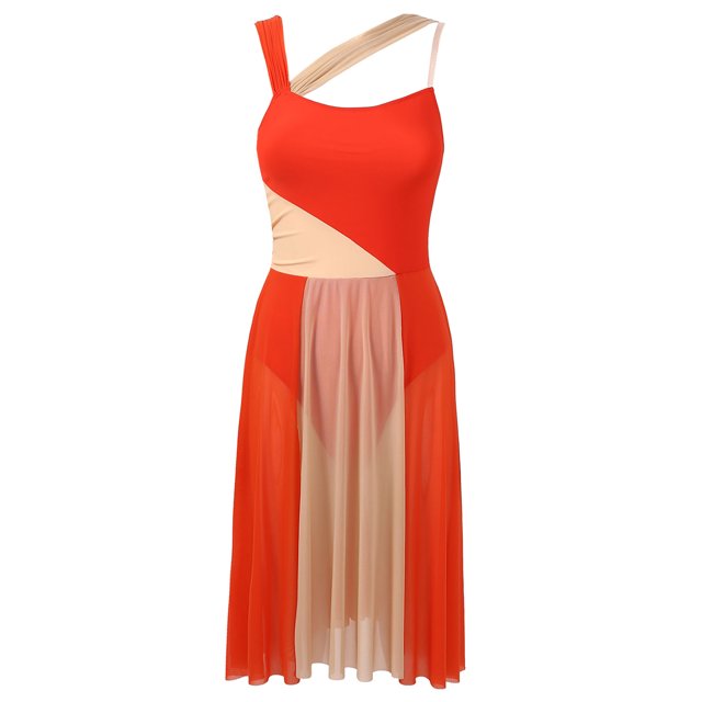 RUNQHUI Robe Justaucorps Sans Manches en Mesh à Blocs de Couleur pour Femmes, Danse Moderne Contemporaine, Orange m