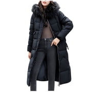 hoksml Women's Plus Size Long Puffer Jacket with Oversized Faux Fur Hood Winter Warm Parka Down Coat with Secure Pockets