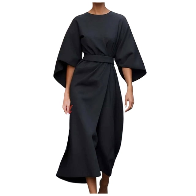 XDZJLR Robes pour Femmes 2025 Mode Élégante Couleur Unie Taille Manches Chauve-Souris Robe