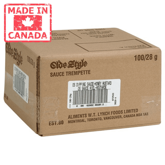 Olde Style Honey Mustard Sauce, Portion, Trans Fat Compliant | 28G/Unit, 100 Units/Case. A bulk package of honey mustard sauce cups in a labeled cardboard box marked 'Made in Canada' and '100/28 g.' Perfect for dipping or drizzling over sandwiches, hamburgers, or hot dogs, and suitable for bulk condiment needs.