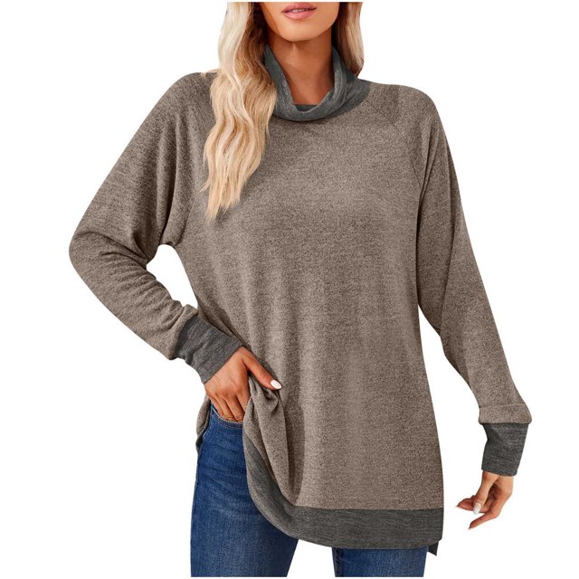 Timegard Tops for Women High Neck Long Sleeve Side Split Color Block Tshirts Fall Casual Loose Tops