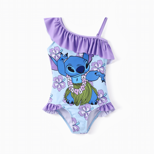Disney Stitch Toddler/Kid Girl 1pc Floral/Colorful Striped Print Off-shoulder RuffledUPF 50+ Swimsuit