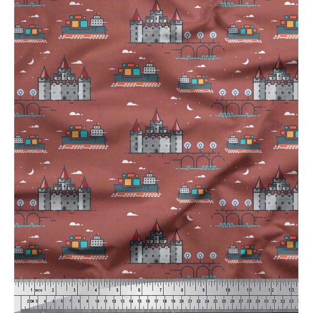 Soimoi Rayon Fabric Ship,Castel & Bridge Architectural Print Fabric by the Yard 56 Inch Wide