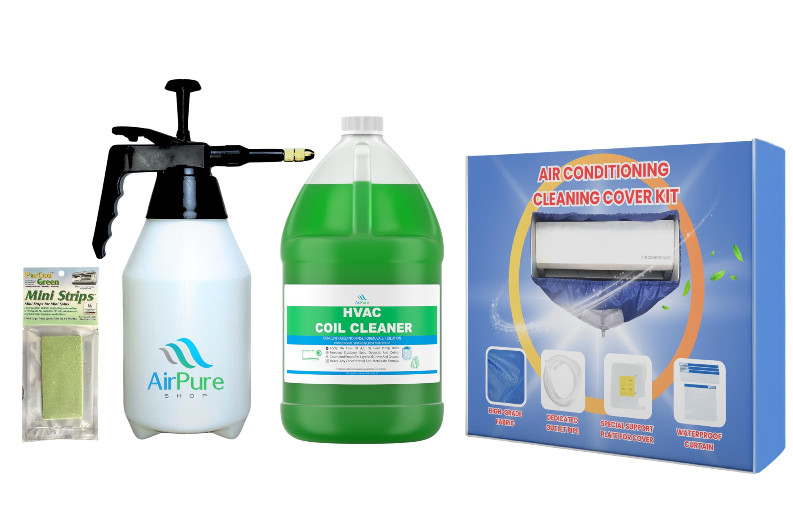 Mini Split Cleaning Kit with 3.78L No-Rinse Coil Cleaner, Sprayer, Odor Treatment Tab & Protective Bag - Removes Dirt & Grime for Heat Pump, AC, HVAC - Fits Units Up to 39 Inches