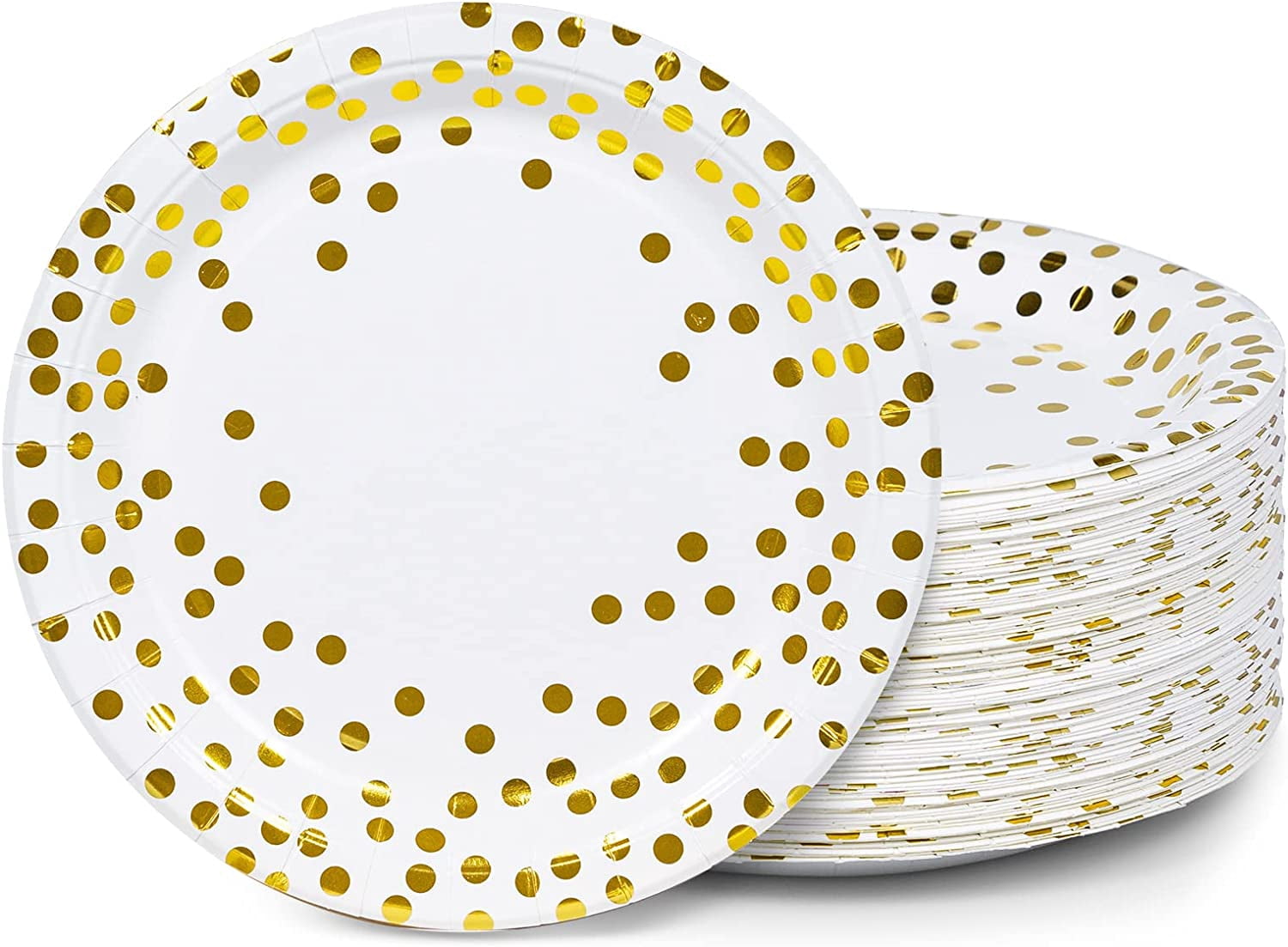 MATICAN Assiettes de Fête Jetables Blanches et Dorées, Lot de 100, 9 Po avec Pois en Feuille