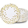 thumbnail image 1 of MATICAN Assiettes de Fête Jetables Blanches et Dorées, Lot de 100, 9 Po avec Pois en Feuille, 1 of 7