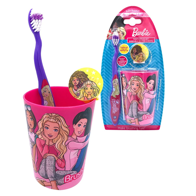 Barbie Manual Toothbrush Kit featuring a purple toothbrush with soft, end-rounded bristles, a pink rinsing cup, and a holographic toothbrush cap, all adorned with Barbie character images. The ergonomic handle ensures a comfortable grip for kids, and the BPA-free plastic cup is reusable and dishwasher-safe. Packaged attractively, this set is ideal for encouraging good oral care habits and makes a great gift for occasions like Halloween or birthdays.
