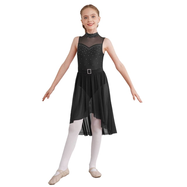 RUNQHUI Robe de Danse Lyrique Ballet Strass pour Filles Patinage Artistique Sans Manches Justaucorps Jazz Latin Danse Moderne Noir 12