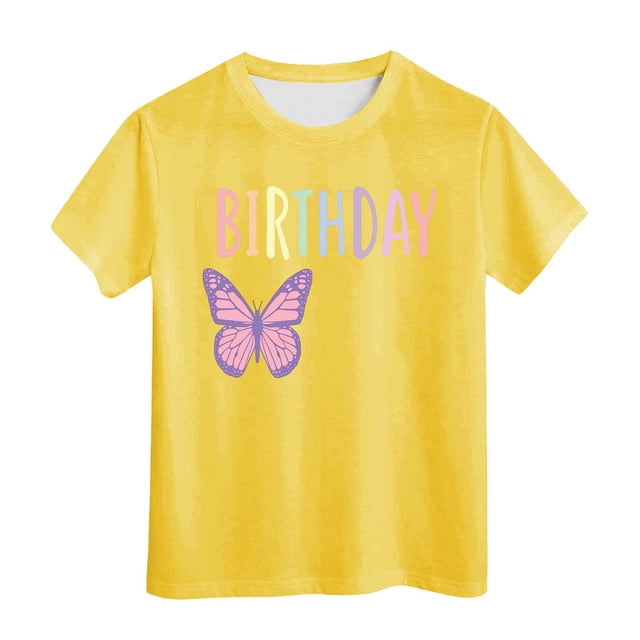 PMVFHDE Hauts de Bain pour Fille T-Shirt Fille d'Anniversaire à Manches Courtes T-Shirt d'Été à Col Rond Coupe Décontractée Chandails de Base Jaune, 3-4 Ans