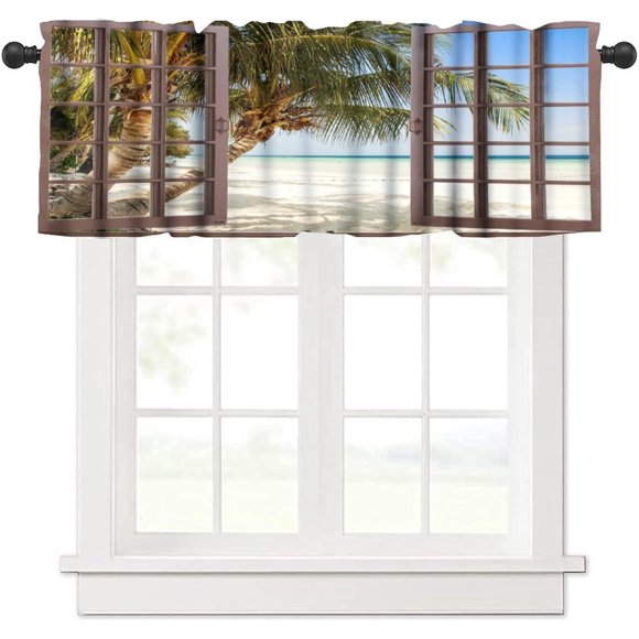 Cantonnières de Paysage pour Fenêtres, Vue de Paysage 3D Nature Océan Plage Mer Bleue Paysage Naturel Draperies Cantonnière pour Cuisine Chambre Salon, 54x18 Pouces