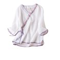 thumbnail image 2 of Blouses pour Femmes, Haut à Manches Courtes en Coton et Lin Style Renaissance avec Broderie pour Femmes, Haut à Manches Courtes à Col en V, 2 of 3