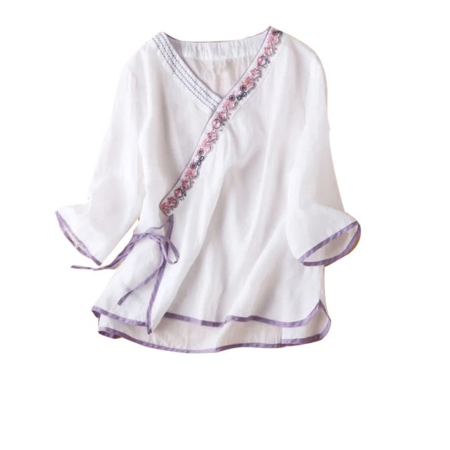 Birdeem Chemisiers pour Femmes Chemisier pour Femmes Broderie Renaissance Coton et Lin Col en V Manches Courtes Haut Manches Courtes Col en V