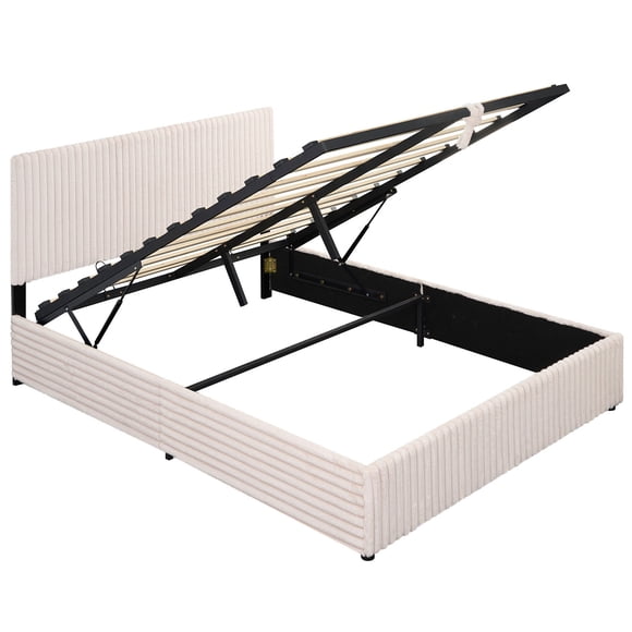 Gymax Queen Size Lift-up Storage Bed w/Hydraulic Lifts Wooden Slat Support Beige