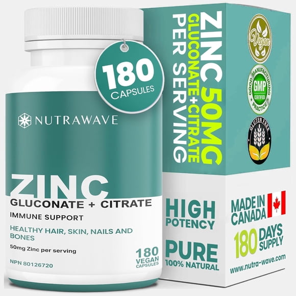Nutrawave Zinc 50 mg Capsules – Gluconate de Zinc + Citrate pour Soutien Immunitaire, Peau, Cheveux et Ongles – Haute Absorption, Végane, non-OGM – 180 Capsules